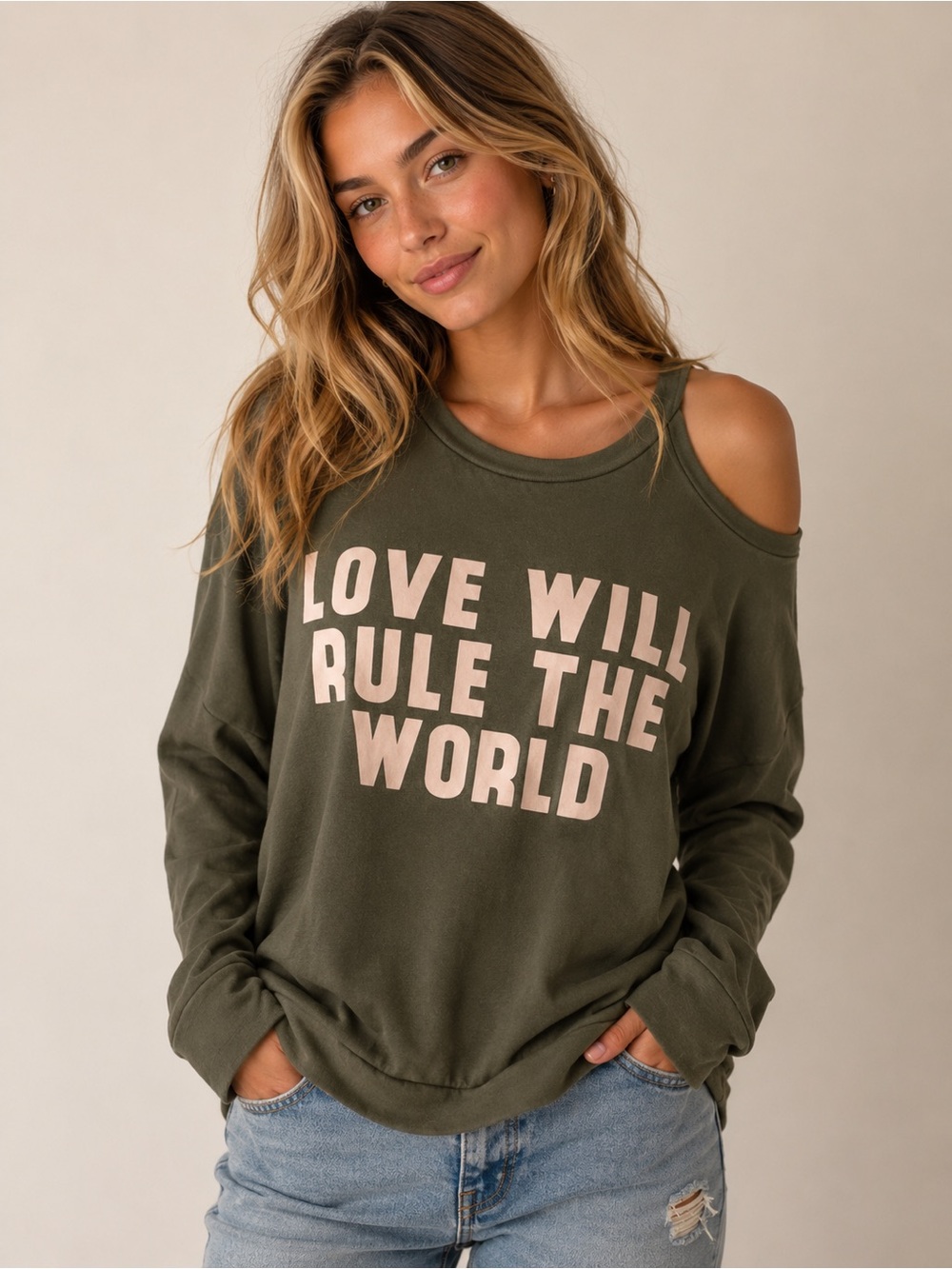 Express One Eleven Olive Cold Shoulder Sweatshirt XS Love Graphic Pullover Top